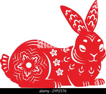Sleeping bunny with flower decorative ornament. Lunar hare isolated on white background Stock Vector