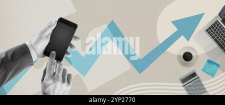 Businessman and trader using a financial app on his smartphone and arrow going up showing a positive trend: finance, trading and stock market concept, Stock Photo