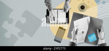 Corporate business people working together and checking financial reports, creative collage with abstract background Stock Photo