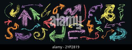 Hand drawn rough arrows different shapes. Color bold brush stroke spiral, curly, wave and straight arrow vector set. Spray paint graffiti direction graphic design elements with drips in grunge style Stock Vector