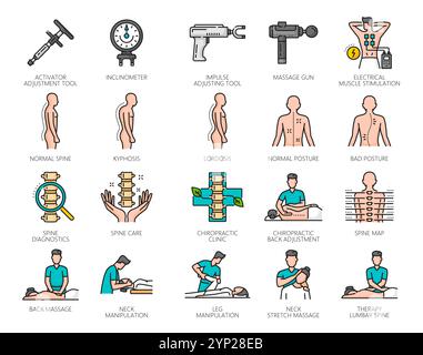 Chiropractic medicine line icons. Vector physiotherapy, osteopathy and rehabilitation therapy treatment outline symbols set of chiropractor doing massage, neck, back and spine chiropractic adjustments Stock Vector