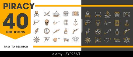 Caribbean pirates line icons. Corsairs and filibuster, treasure and skull, map and weapon symbols. Vector set of piracy themed linear signs. Smoking pipe, swords, ship, loot chest, anchor and parrot Stock Vector