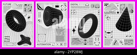 Brutalism posters with retro grid and y2k shapes. Vector graphic pattern with abstract wireframe geometric figures of 3d cone, torus, cylinder shapes and aesthetic symbols, modern brutalist posters Stock Vector