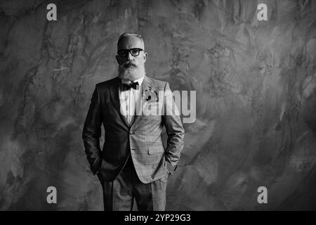 Portrait of wealthy handsome confident rich sharp dressed in checkered grey bespoke tux, white shirt, vinous bow-tie, handkerchief serious respectable Stock Photo