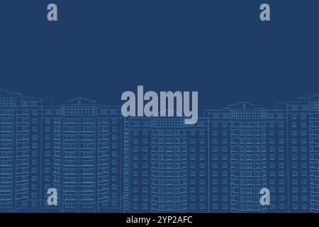 Vector illustration of outline of high-rise buildings made of blue lines isolated on dark background. View front. Stock Vector
