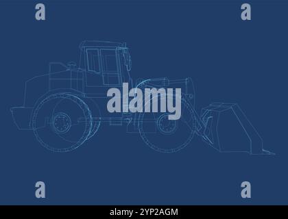 Vector illustration of bulldozer outline made of blue lines isolated on dark background. Side view. 3D Stock Vector