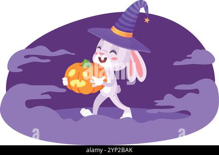 Halloween bunny character with pumpkin lantern. Holiday rabbit isolated on white background Stock Vector