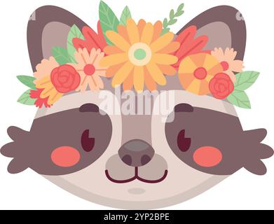 Raccoon in flower wreath. Cute summer woodland animal isolated on white background Stock Vector