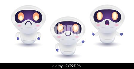 Vector illustration of a cute robot in different mood. Vector set icons for chat bot in realistic style. Stock Vector