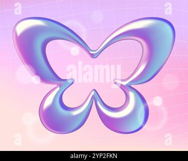 Holographic 3d butterfly shape on pink gradient y2k style background. Spring and summer concept vector illustration. Stock Vector