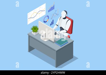 Isometric humanoid robot works in office, typing on a computer. As part of the future IT team, futuristic employee manages support tasks, showcasing Stock Vector