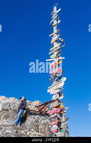 Tall signpost just outside Stanley, the capital and only true city (with a cathedral) in the Falkland Islands, South America Stock Photo