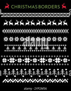 Set of simple Christmas themed seamless borders, divider graphics in pixel knit style including holly border, deer pattern, Christmas trees and hearts Stock Vector