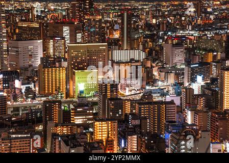 Close up view from Umeda Sky building, night skyline, Osaka, Honshu, Japan, Asia Stock Photo