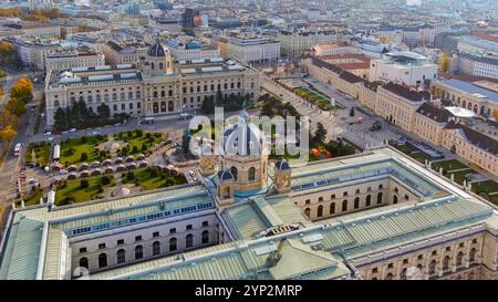 A magnificent aerial shot of Vienna’s MuseumsQuartier, featuring the Kunsthistorisches Museum and lush gardens, showcasing architectural brilliance an Stock Photo