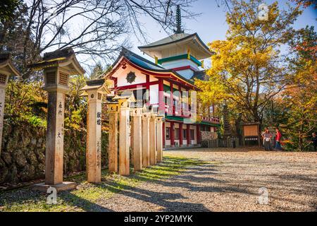 Site of Yoshino Imperial Palace and autumn leaves of maple trees, Yoshino Yama holy temple mountain near Nara, Honshu, Japan, Asia Stock Photo