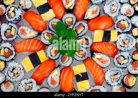 Different Japanese rolls and sushi on a plate, Japanese food, France, Europe Stock Photo