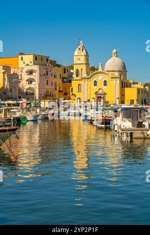 View of Church of Santa Maria della Pieta in the fishing port Marina Grande with boats, Procida, Phlegraean Islands, Gulf of Naples, Campania Stock Photo