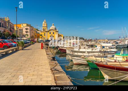 View of Church of Santa Maria della Pieta in the fishing port Marina Grande with boats, Procida, Phlegraean Islands, Gulf of Naples, Campania Stock Photo