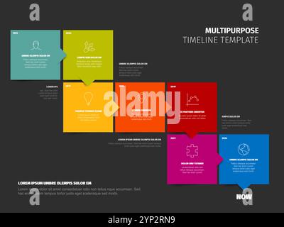 Multipurpose square blocks time line template with sample text content and icons on dark gray background. Simple infochart for company history visuali Stock Vector