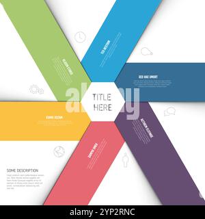 Simple multipurpose infographic template with six element arrow lines pointing into the middle. Infochart with icons, color blocks and descriptions. Stock Vector