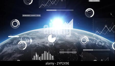 Image of 5g text and data processing over globe Stock Photo
