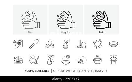 Plate, Medical cleaning and Water splash line icons. For web app, printing. Line icons. Vector Stock Vector
