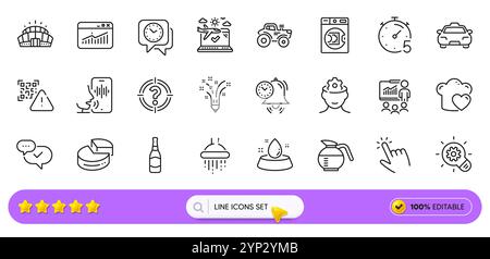 Taxi, Qr code and Pie chart line icons for web app. Pictogram icon. Line icons. Vector Stock Vector