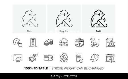 Door, Market seller and Stress protection line icons. For web app, printing. Line icons. Vector Stock Vector