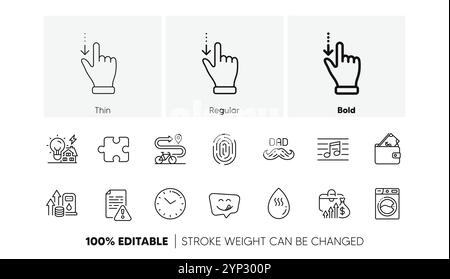 Touchscreen gesture, Hot water and Time line icons. For web app, printing. Line icons. Vector Stock Vector