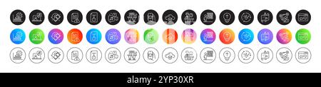 Business skill, Approved document and Video conference line icons. For web app, printing. Round icon buttons. Vector Stock Vector