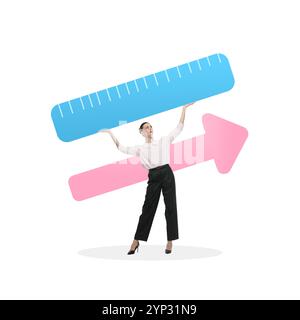Businesswoman holding blue ruler and pink arrow, representing performance measurement and growth in corporate strategy. Conceptual design. Stock Photo