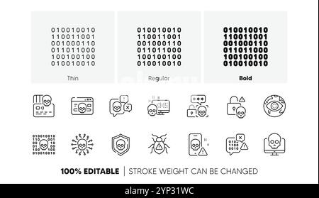 Cyber attack line icons. Phishing risk, Data ransomware and Binary code outline icons. Line icons. Vector Stock Vector