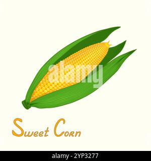 Sweet corn in a cob  vector clipart creative vegetable illustration with inscription on a pale yellow background. Stock Vector