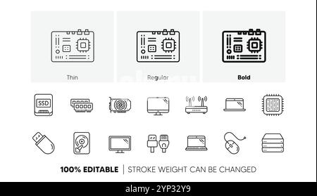 Computer device line icons. Motherboard, CPU and Laptop. Linear icon set. Line icons. Vector Stock Vector