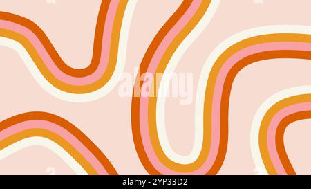 Abstract pastel groovy background. Curve rainbow stripes on beige backdrop. Horizontal template for banner, social media, advertisements Stock Vector