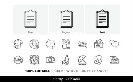 Search car, Beach umbrella and Clipboard line icons. For web app, printing. Line icons. Vector Stock Vector
