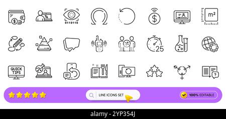 Timer, Phone message and Ranking stars line icons for web app. Pictogram icon. Line icons. Vector Stock Vector