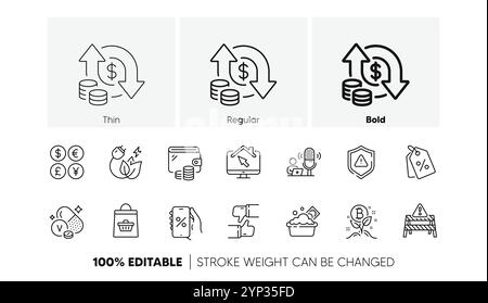 Launder money, Vanadium mineral and Wallet line icons. For web app, printing. Line icons. Vector Stock Vector