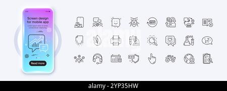 Calendar, Friends chat and Software bug line icons for web app. Pictogram icon. Phone mockup gradient screen. Vector Stock Vector
