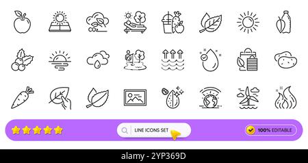 Sunrise, Mint leaves and Apple line icons for web app. Pictogram icon. Line icons. Vector Stock Vector