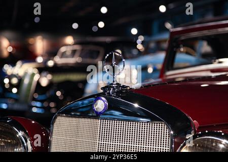 Riga, Latvia - 15-04-2017 - Hood ornament of luxury car Mercedes Benz W187 in the Riga Motor Museum Stock Photo