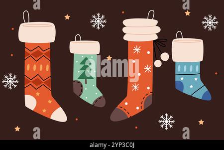 Merry Christmas socks. A set of gift socks in a winter ornament. Stock Vector