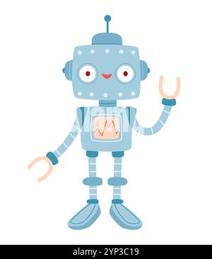 Cute children's robot toy waving and smiling. Friend.Cute cyborg, futuristic modern bot, android, smiling character. Stock Vector