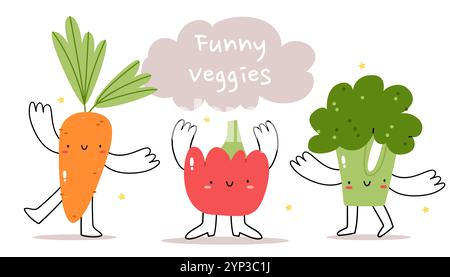 Funny vegetables. Carrots, peppers and broccoli dancing on a white background. The concept of veganism and healthy food. Happy cute vegetable characte Stock Vector