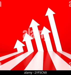Red background with five white arrows pointing upward symbolizes growth  success 3d Stock Photo