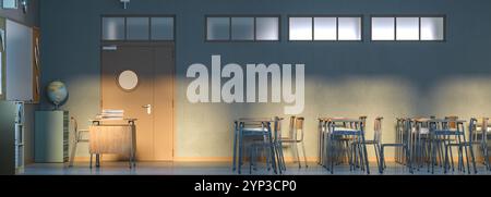 Sunlight illuminating empty classroom with desks and chairs 3d background Stock Photo