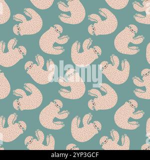 Vector seamless tropical pattern with cute sloth. Vector pattern with sloth. Cute slothes. Stock Vector
