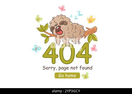 Vector illustration of a sleep sloth on branch with green leaves for 404 error web page. Webpage 404 with sloth and butterflyes. Stock Vector