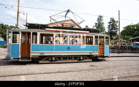 Old tram from Gothenburg at the Tramway Museum in Malmkoping. A tourist tour is just about to begin. Stock Photo